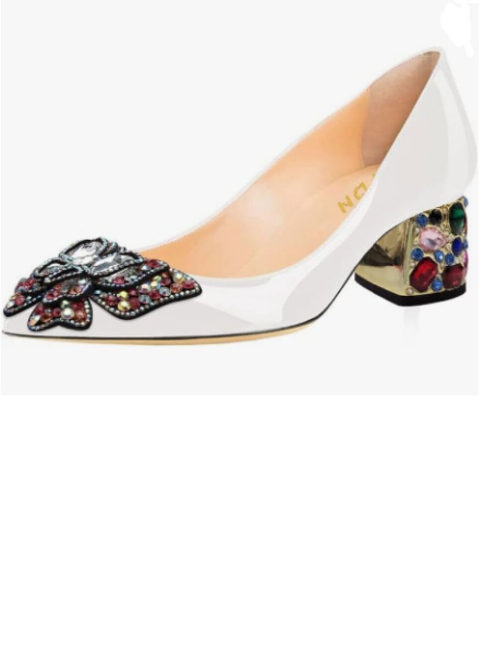 YDN White Pointed Toe Bow Pump Colorful Rhinestone Block Low Heel Butterfly Shoe